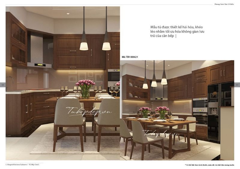 Sự khéo léo của các kiến trúc sư được thể hiện trong từng chi tiết thiết kế phòng bếp - ăn hiện đại từ gỗ óc chó. Vẫn có các chi tiết nhấn nhá nhưng là các đường nét vuông vắn gọn gàng nhất.