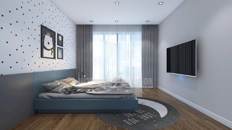 Giấy dán tường phòng bé đơn giản cùng bộ tranh canvas giúp phòng bé trở nên sinh động, đáng yêu.