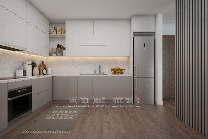 Hệ thống tủ bếp trên, tủ bếp dưới thiết kế hiện đại, mang đến khu vực chứa đồ tiện nghi
