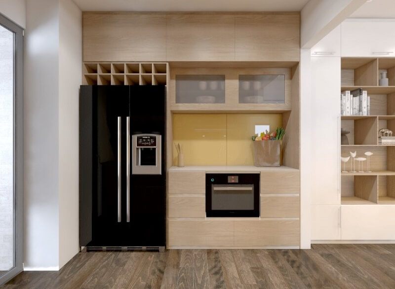 Thiết kế hệ tủ bếp gỗ đẹp tích hợp đa chức năng kết hợp tủ lạnh và lò vi sóng mang đến một không gian bếp lí tưởng