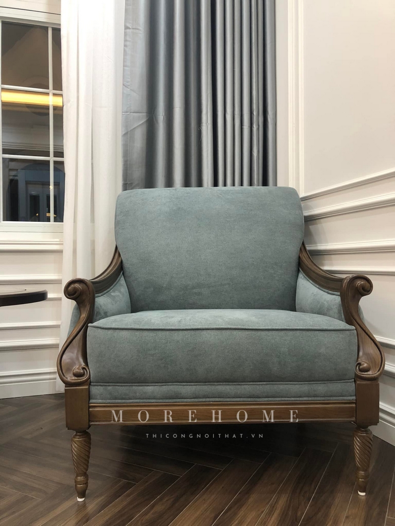 Việc thi công một chiếc sofa đơn khung gỗ óc chó bọc nỉ tân cổ điển cần được thực hiện một cách cẩn thận với những đường nét chạm khắc tỉ mỉ, hoàn thiện với tinh tế thẩm mỹ cao.